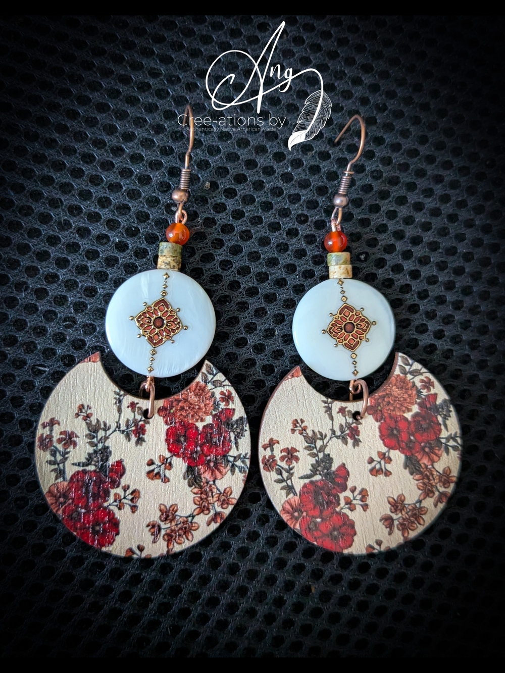 Indigenous Floral Red and Cream Freshwater Shell And Wood Tribal Motif Earrings